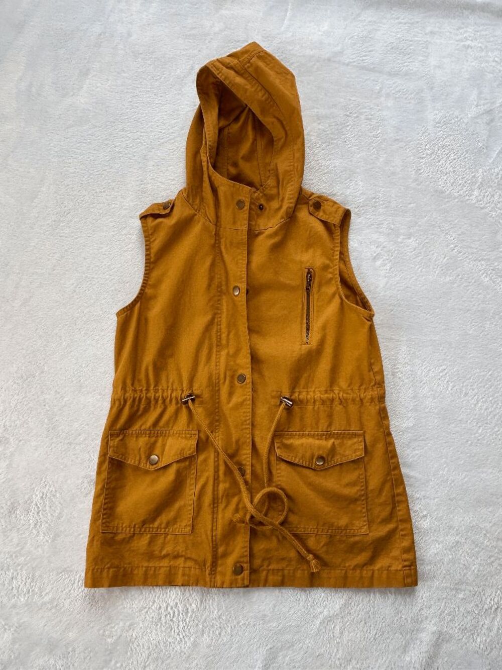 Zenana Outfitters Dark Mustard Yellow 100% Cotton Hooded Vest, Size S, Full Zip